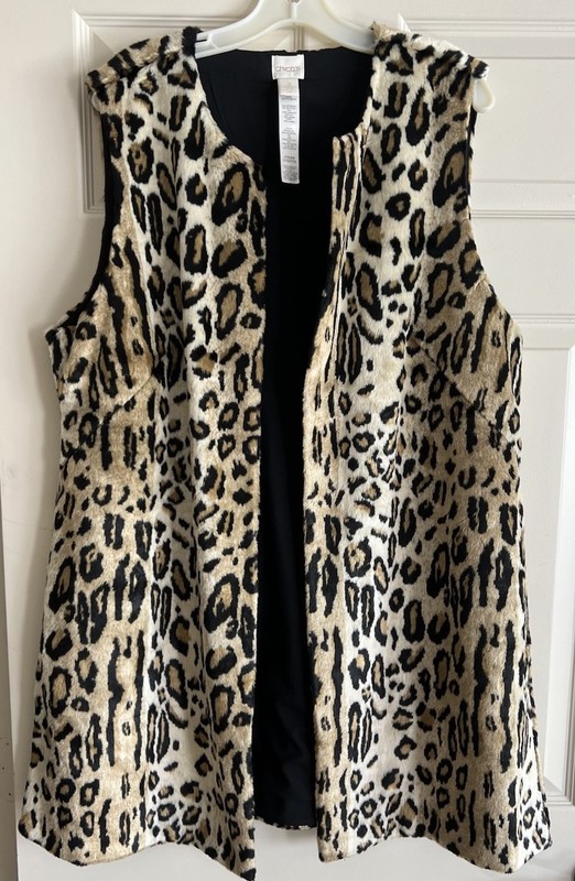 Chicos Vest Women’s Leopard Print Sleeveless Faux Fur Long Duster XL Lined SZ 3