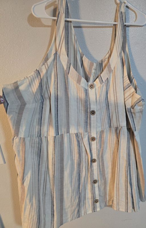 Terra & Sky 4X Striped Sleeveless Tunic Tank Top Button Accent Beige Blue White