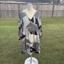 Cream Black Peach Patterned Long Sleeve Vneck Knee Length Dress Unbranded Large 