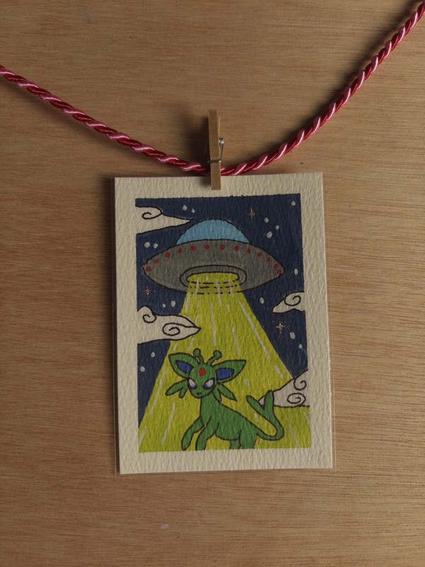 ACEO Original Pokemon Alien UFO Abduction Espeon  Space Painting By Autumn E
