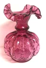 Vintage Fenton Cranberry Glass Beaded Melon Vase Crimped Ruffled Rim