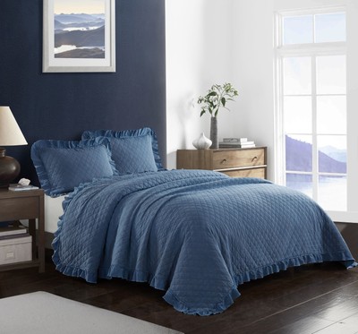 Full Queen Blue Modern Farmhouse Bed Acid Wash Ruffle 3 Piece