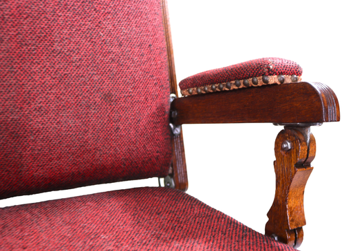 Antique Restored Upholstered Oak & Cast Iron Platform Rocker with Footrest - Picture 10 of 22