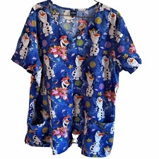 Womens Scrub Top Disney Frozen XL Snowman Silly Christmas Novelty Winter