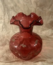 Vtg Fenton Cranberry Flower Petal Art glass Hand painted signed Cutshaw 8” Nice.