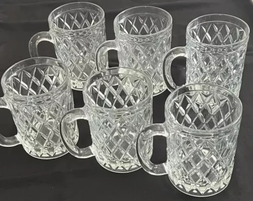 VTG 6 Paul Sebastian Inc 24% Lead Crystal Glass Coffee Cups Mugs Diamond Cut
