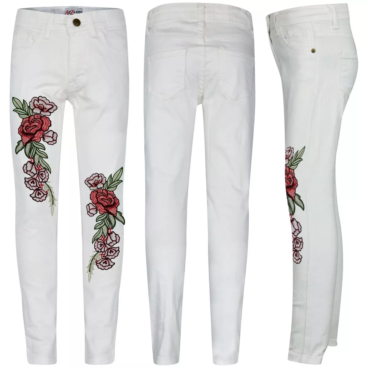 Kids Girls Stretchy Jeans Roses Embroidered White Denim Trousers Jeggings  3-13 Y