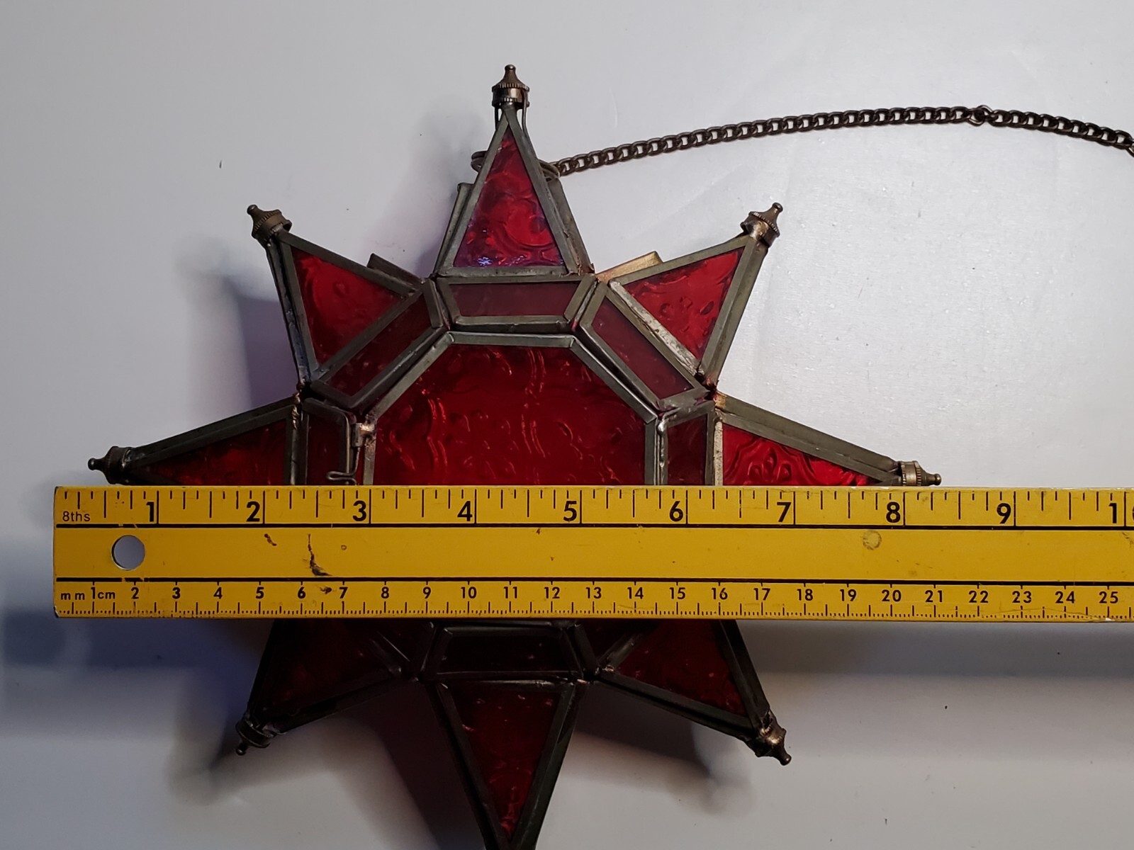 Hanging Tea Light Lantern Candle Holder Metal Glass 8.5" Multi Faceted Glass RED