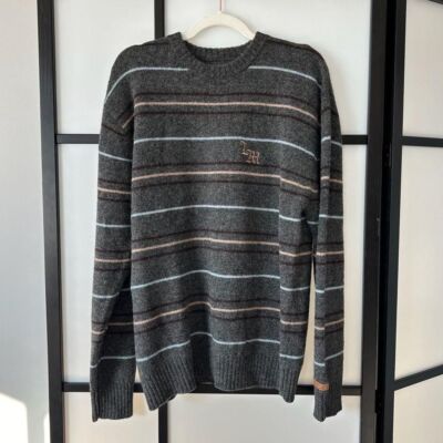 [M] Live Mechanics Men s Dark Grey Wool Striped Crewneck Longsleeve Sweater