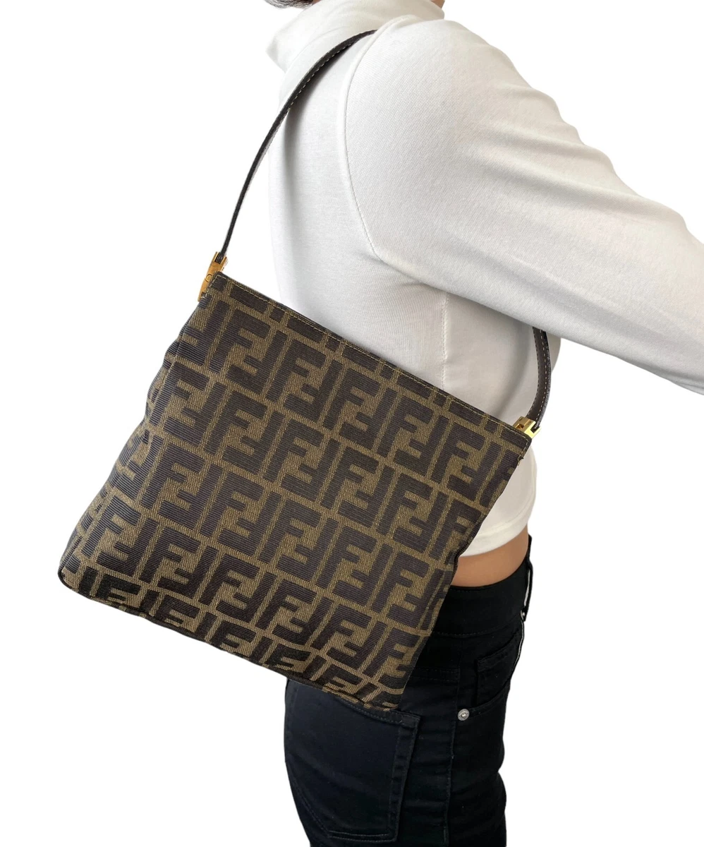 FENDI Beige Leather Black Monogram Logo Canvas Zucca Baguette Bag