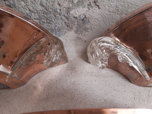 Antique Set 2x Anglewall 1x Wall Light Sconce ART DECO Glass & Copper metal 1930 - Picture 12 of 12