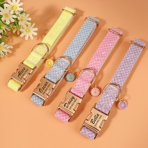 Glitter Personalized Dog Collar Soft Nylon with Custom Pet Name Engraved Buckle - Picture 7 of 24