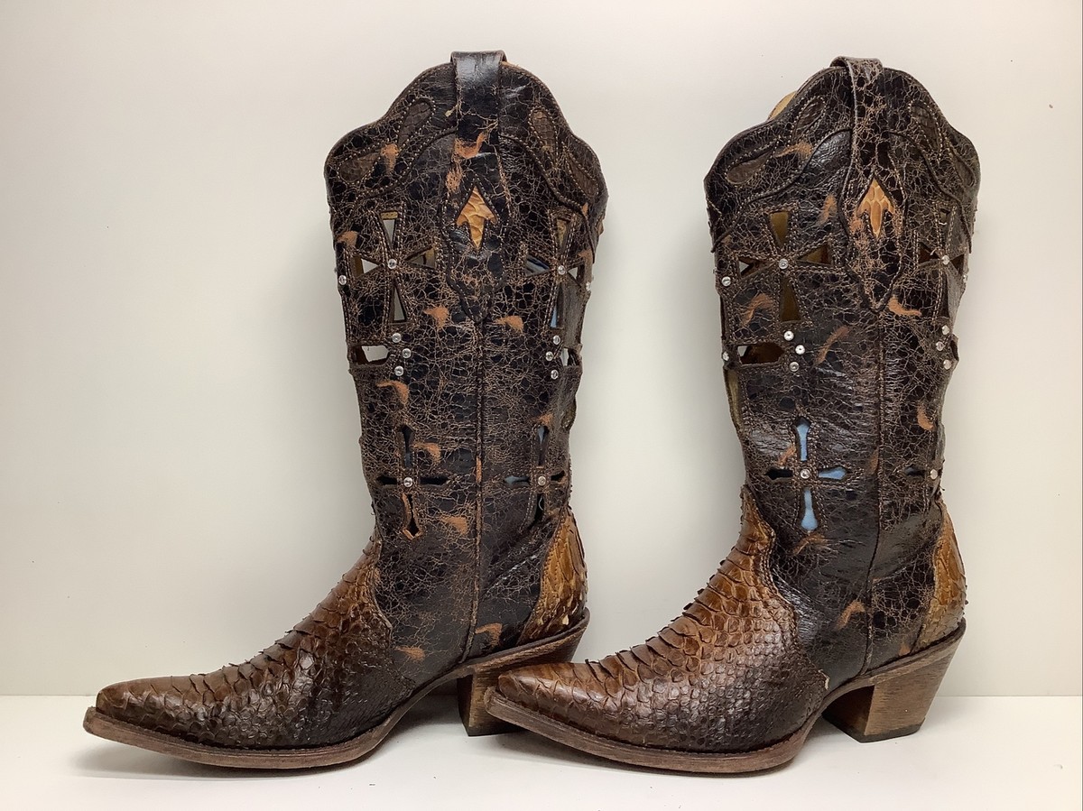 VTG WOMENS CORRAL COBWOY SNIP TOE SNAKE SKIN BROWN BOOTS SIZE