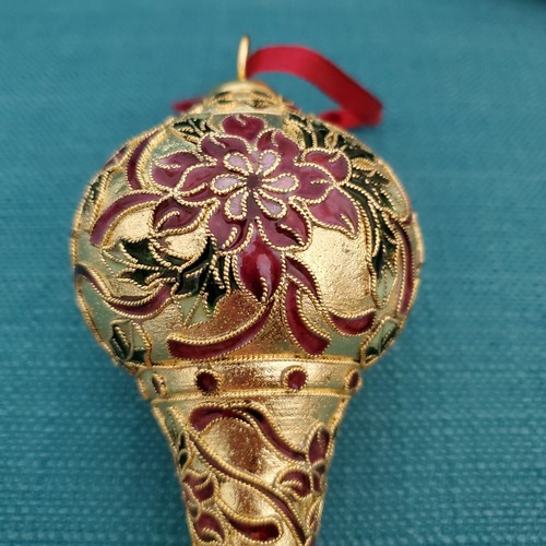 Dillards Trimmings 1998 CHRISTMAS CLOISONNÉ GOLD RED ORNAMENT FLOWERS 7” - Picture 5 of 5