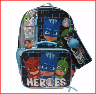 5 Piece- PJ MASKS HEREOS Large Backpack + Lunch Box + Pencil Case + Sack  NEW 