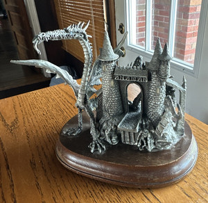 Pewter Dragon & Castle Statue Sculpture on Wood Base Signed Fantasy Theme