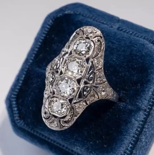 Vintage Victorian Filigree Diamond Ring 14K White Gold FN Wedding Antique Ring