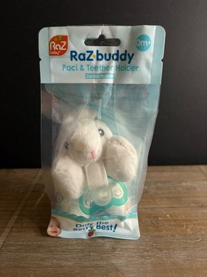 RaZbaby Raz-Buddy Baby White Coco Bunny Plush Detachable Teether Holder