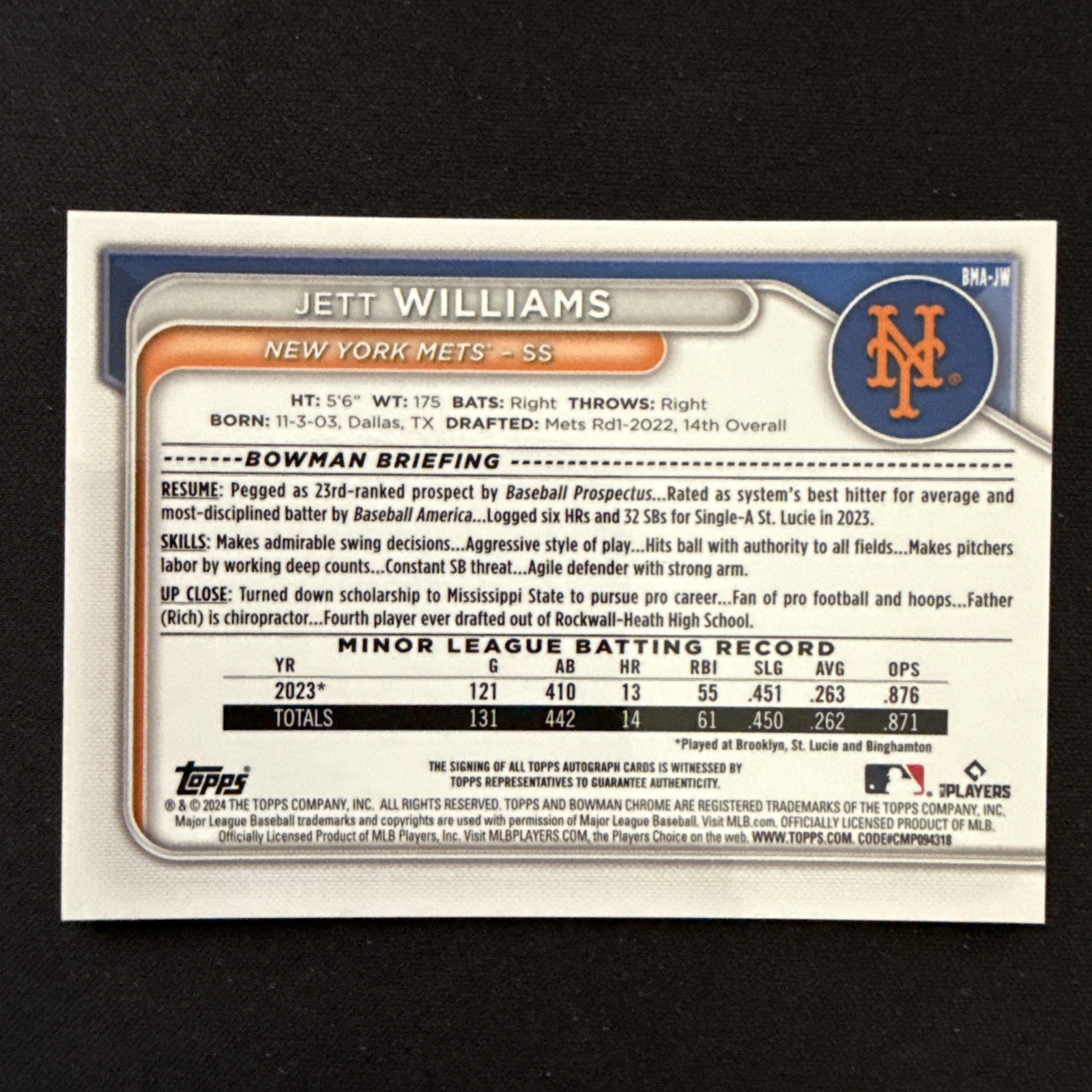 Jett Williams 2024 Bowman Chrome - Mega Box Chrome Prospect Mojo Auto NY Mets view 2