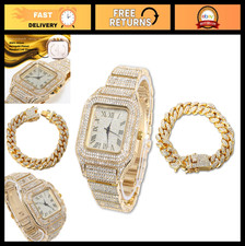 Men's 18K Gold/Platinum Plated Watch, 40MM Square Dial, Iced Out Wristband & Cub