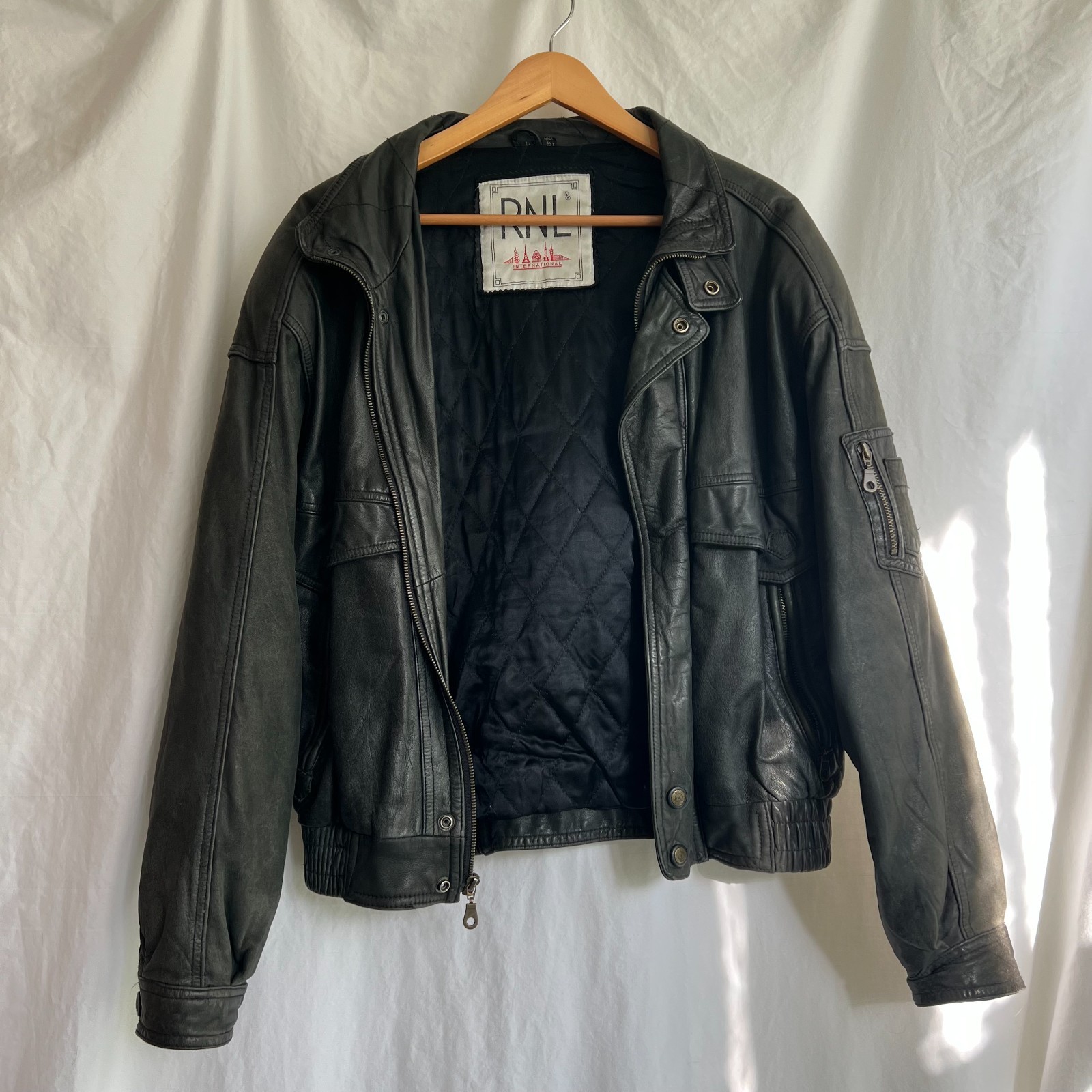 Vintage RNL International Black Leather Bomber Jacket Large Quilted Lined Korea