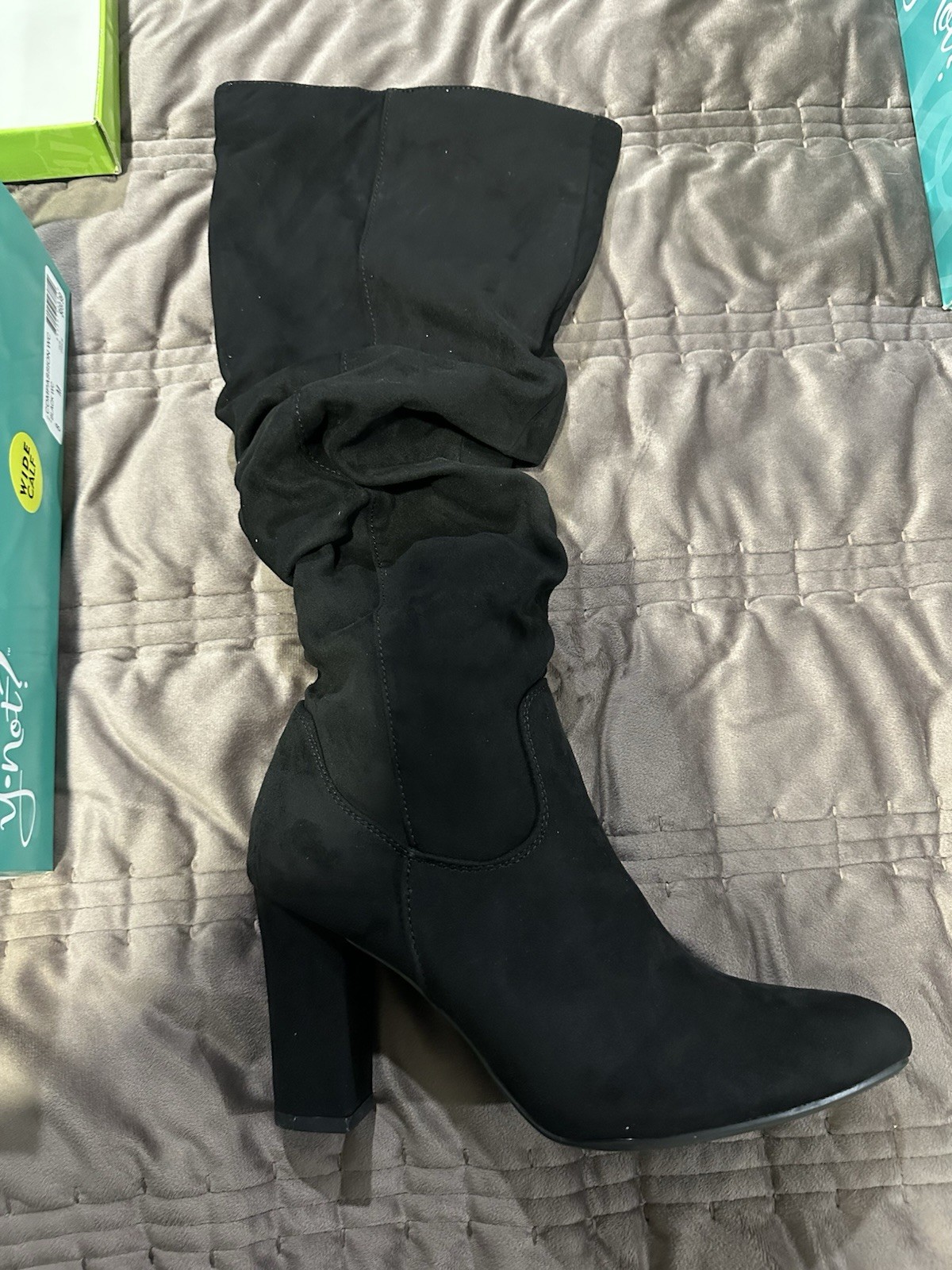 Women’s Black Faux Suede Mid-Calf Slouch Boots Block Heel Pointed Toe