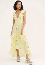 Free People She's A Waterfall Maxi Dress Lemon Ice Size 0 Flowy High Low