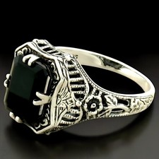 BLACK AGATE 925 SOLID STERLING SILVER CLASSIC ART DECO STYLE FILIGREE RING 456