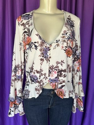 HONEY BELLE Blush/Purple Floral Rayon Bell-Sleeved Ruffled Hem Top Size M