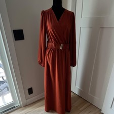 SHEIN Women's L Rust Belted Maxi Dress Long Sleeve V-Neck Slit Casual