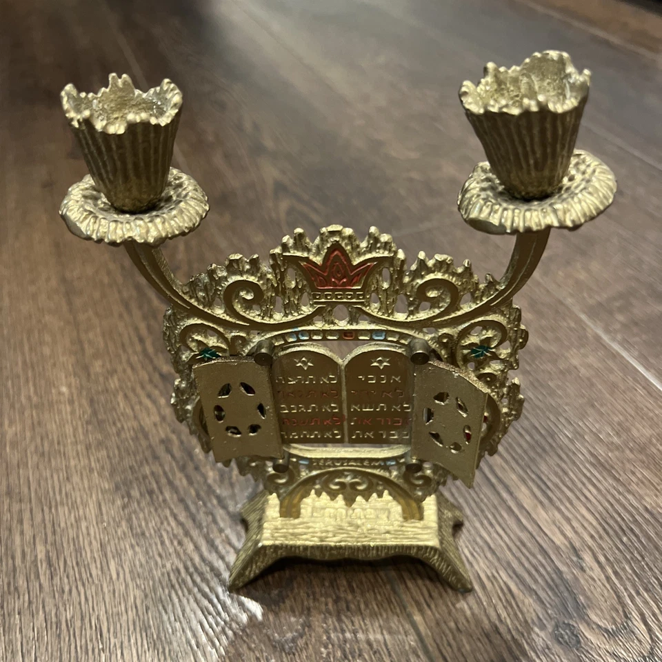 Wainberg Brass Shabbat Candle Holder With 10 Commandments - Made In Israel - Image 2 of 4