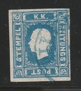 AUSTRIA 1858 NEWSPAPER STAMP BLUE FRANZ JOSEF Mi 16 / ANK 16 USED 4 MARGINS