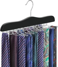Tie Rack Hanger for Closet Wooden Tie Organizer 24 Folding Hooks Black 1-Pack
