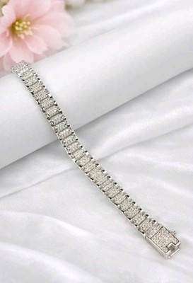 925 Mex. Sterling Silver Cuban Link Bracelet CZ Iced Tennis Pavé Manilla 7'' 18cm