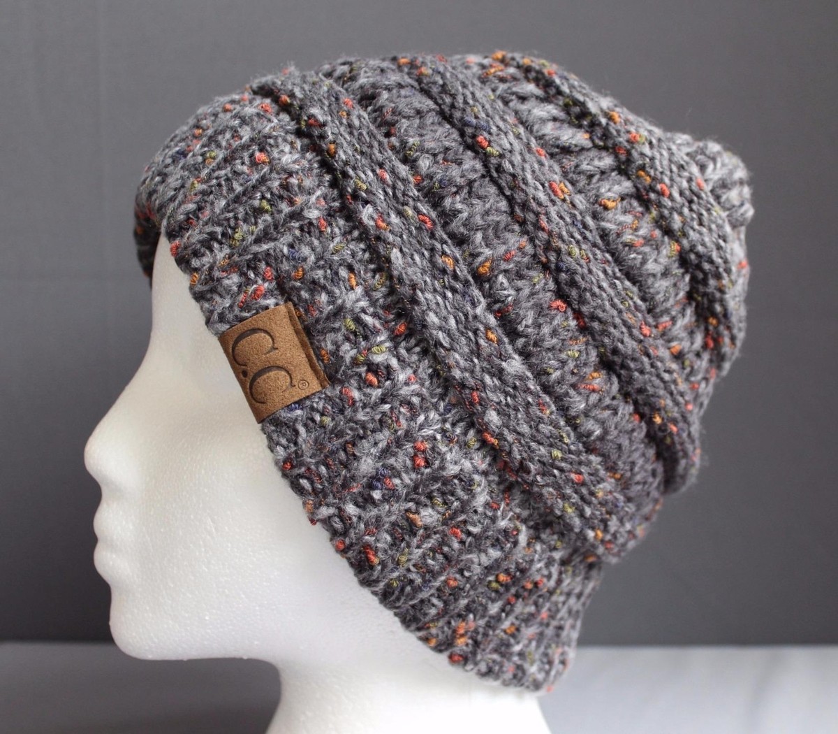 Dark Grey Gray ski hat chunky knit ombre slouch cap beanie winter