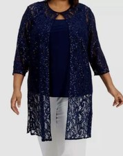 Alex Evenings Women's Blue Long Sequin Lace Jacket Tank Top Set Plus Size 2X