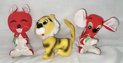 Vtg 1960s Jerry Elsner Pets Plush Animals #342 Red Mouse Bunny & Tiger Japan