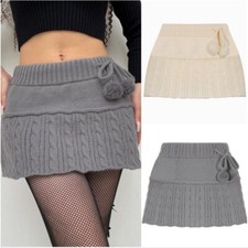 Gonna Mini A-Line In Maglia Donna A Righe Corto Pom Pom Invernale Carina Nuova