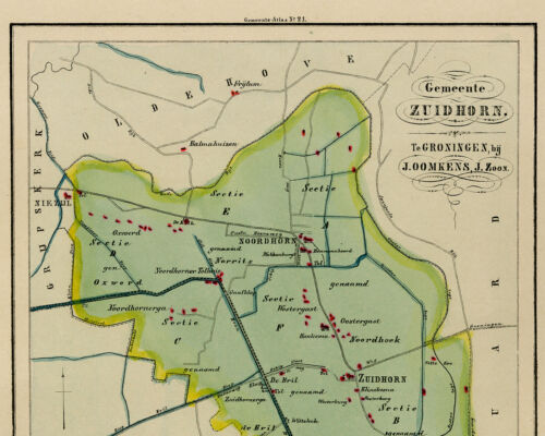 ANTIQUE MAP-NETHERLANDS-TOWN PLAN-NOORDHORN-ZUIDHORN-GRONINGEN-OOMKENS-1862 - Picture 3 of 5