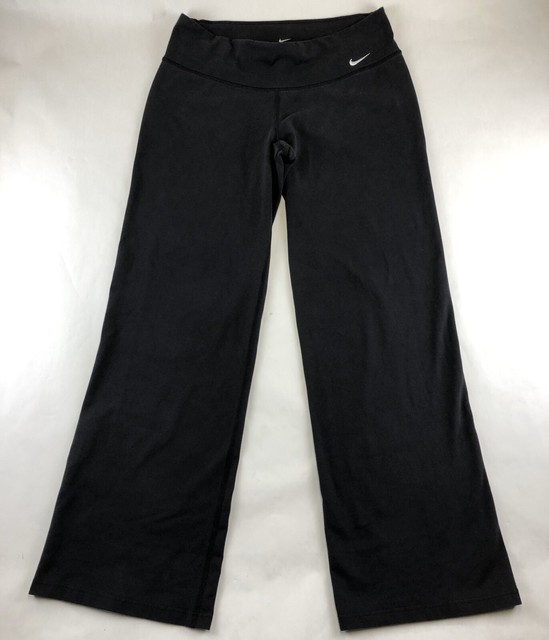 NIKE Womenâs Size MED Black Workout Pants Dri Fit Full Length Flare White Logo | eBay