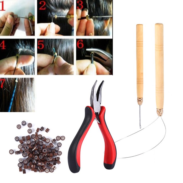 Hair Extension Kit Pliers Loop Hook Tool and 100Pcs Hair Silicone Micro