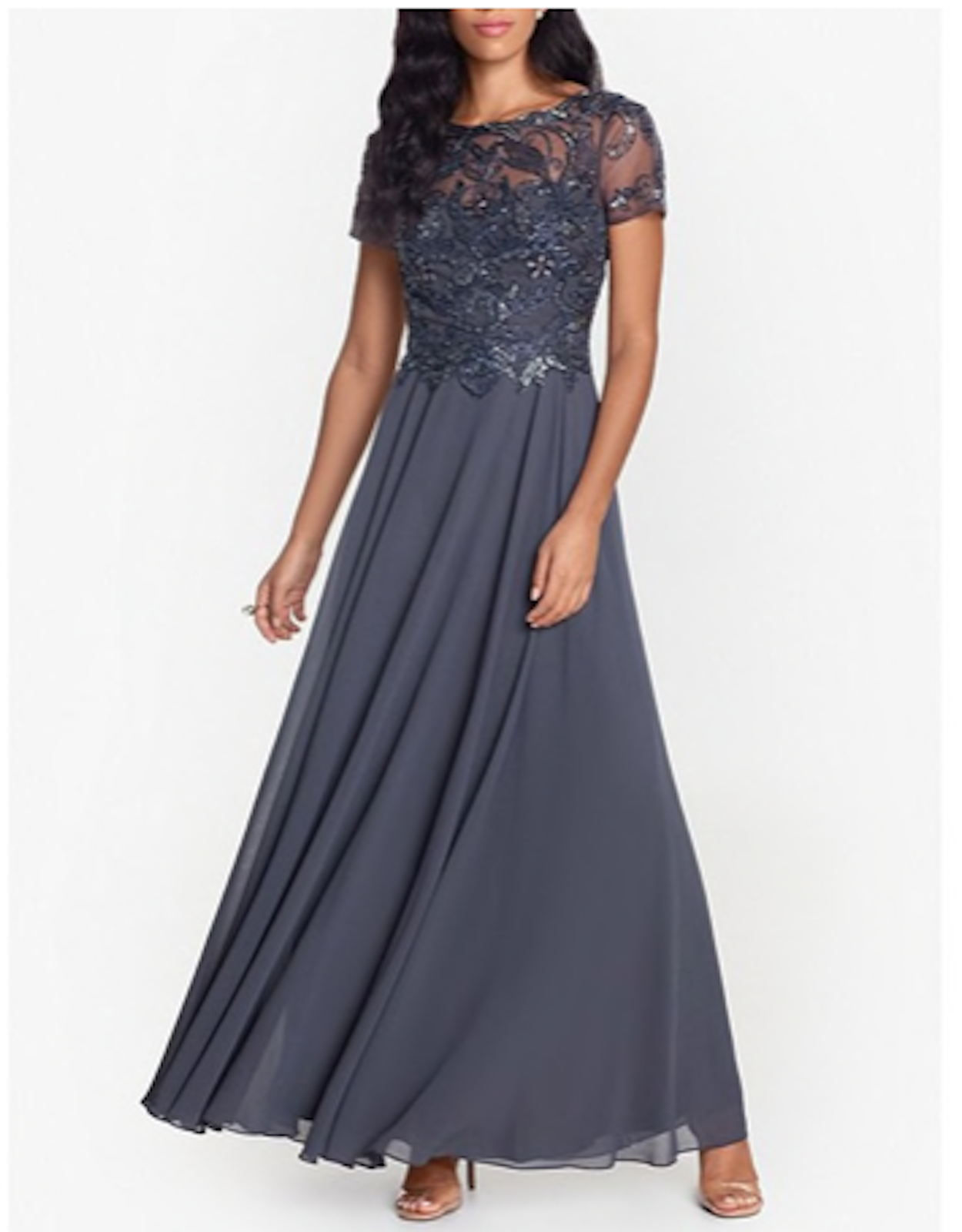 Long Sleeve Beaded Bodice Chiffon Gown 