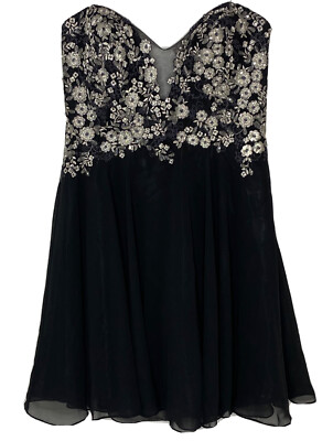 Faviana Women’s Black Crochet Chiffon Floral Cocktail Mini Dress Size 12  New