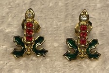Vintage Avon Sparkling Christmas Candle Enamel Rhinestone Pierced Earrings EUC