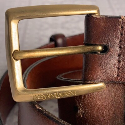 YSL Yves Saint Laurent USA brown leather belt VTG brass