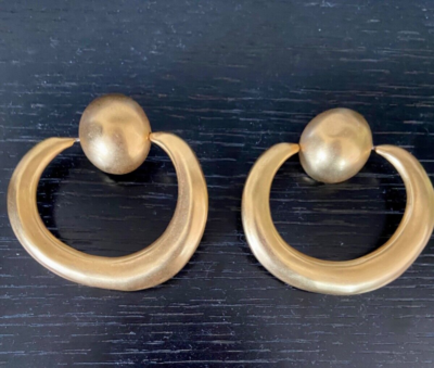 Vintage Donna Karan DKNY Brushed Gold Designer Large Hoop Earrings