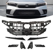 Black Front Bumper Upper Grill Grille Kit For 2022 2023+ Honda Civic Sedan 4D