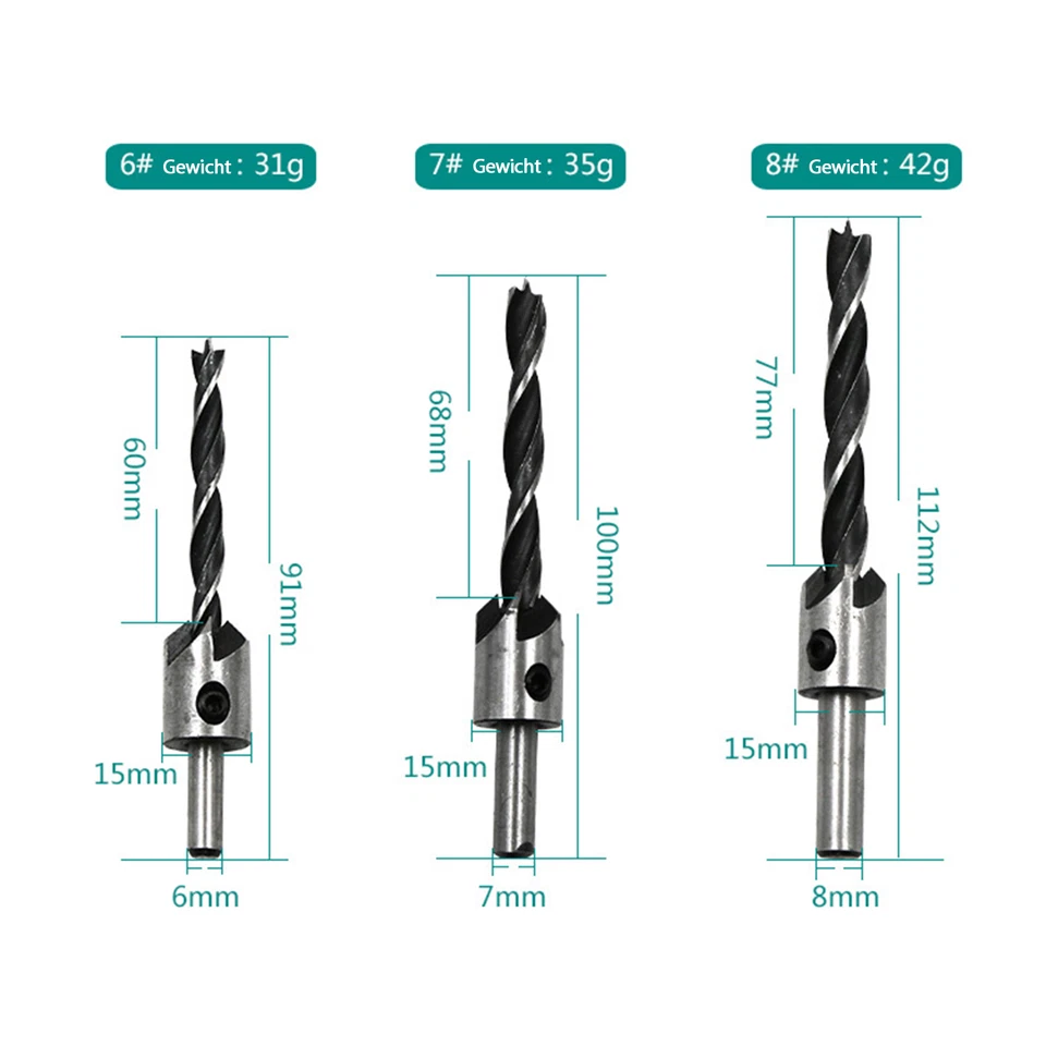 7x Senkbohrer 3-10mm Set Holzbearbeitung Versenker Senker mit Sechskantschlüssel - Bild 3 von 4