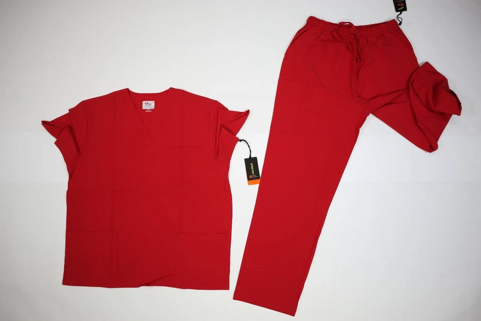 Beverly Hills Uniforms Unisex Red V-Neck Straight Leg Top Bottom Scrub Set XL - Image 3 of 4