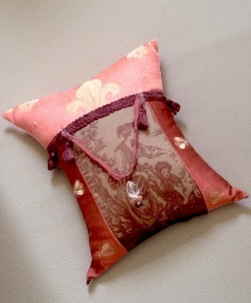 Boudoir Pillow Silk Velvet Handmade Beaded Toile Chateau Victorian Cottage 11x9 - Image 2 of 4